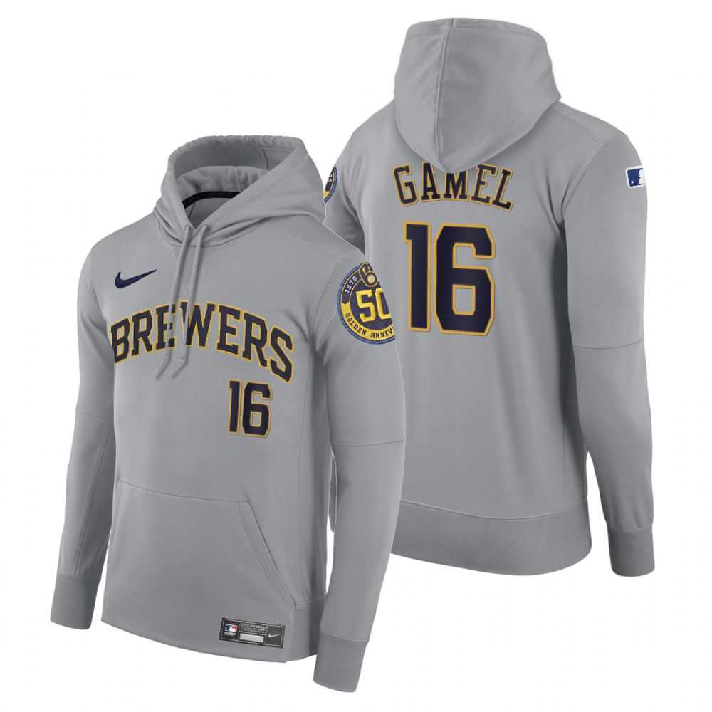 Men Milwaukee Brewers 16 Gamel gray road hoodie 2021 MLB Nike Jerseys